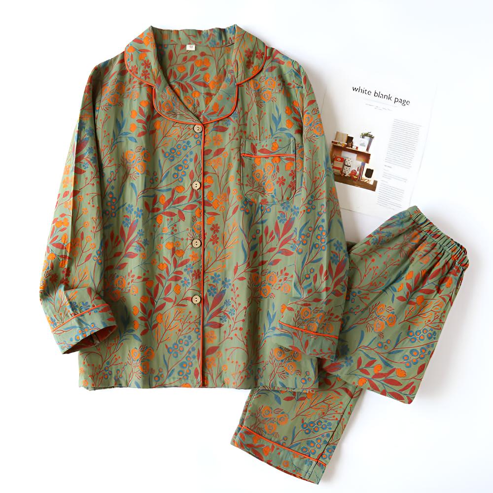 Vintage Leaf Baumwolle Revers Loungewear Set