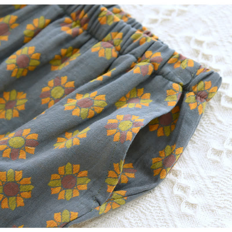 Nachtwäsche-Set aus Baumwolle mit Revers und Sonnenblumenmuster
