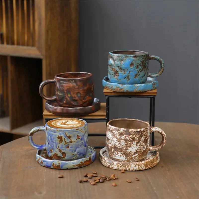 Japanischer Stil Grobe Keramik Teetasse und Untertasse Set