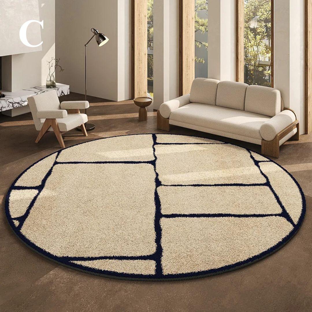 Luxuriöser runder Teppich im französischen Stil mit schwarzem Muster │ Moderne, großflächige Plüschteppiche für zu Hause