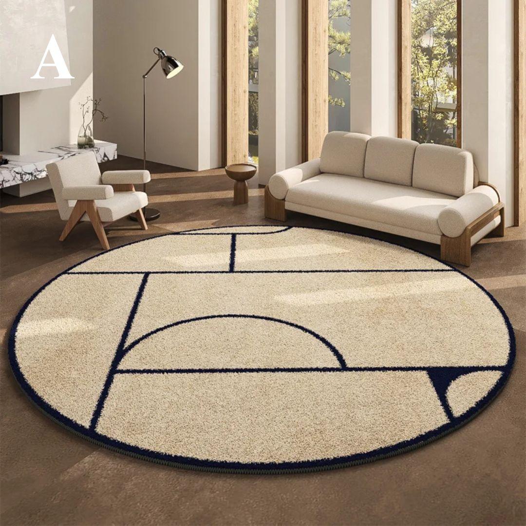 Luxuriöser runder Teppich im französischen Stil mit schwarzem Muster │ Moderne, großflächige Plüschteppiche für zu Hause