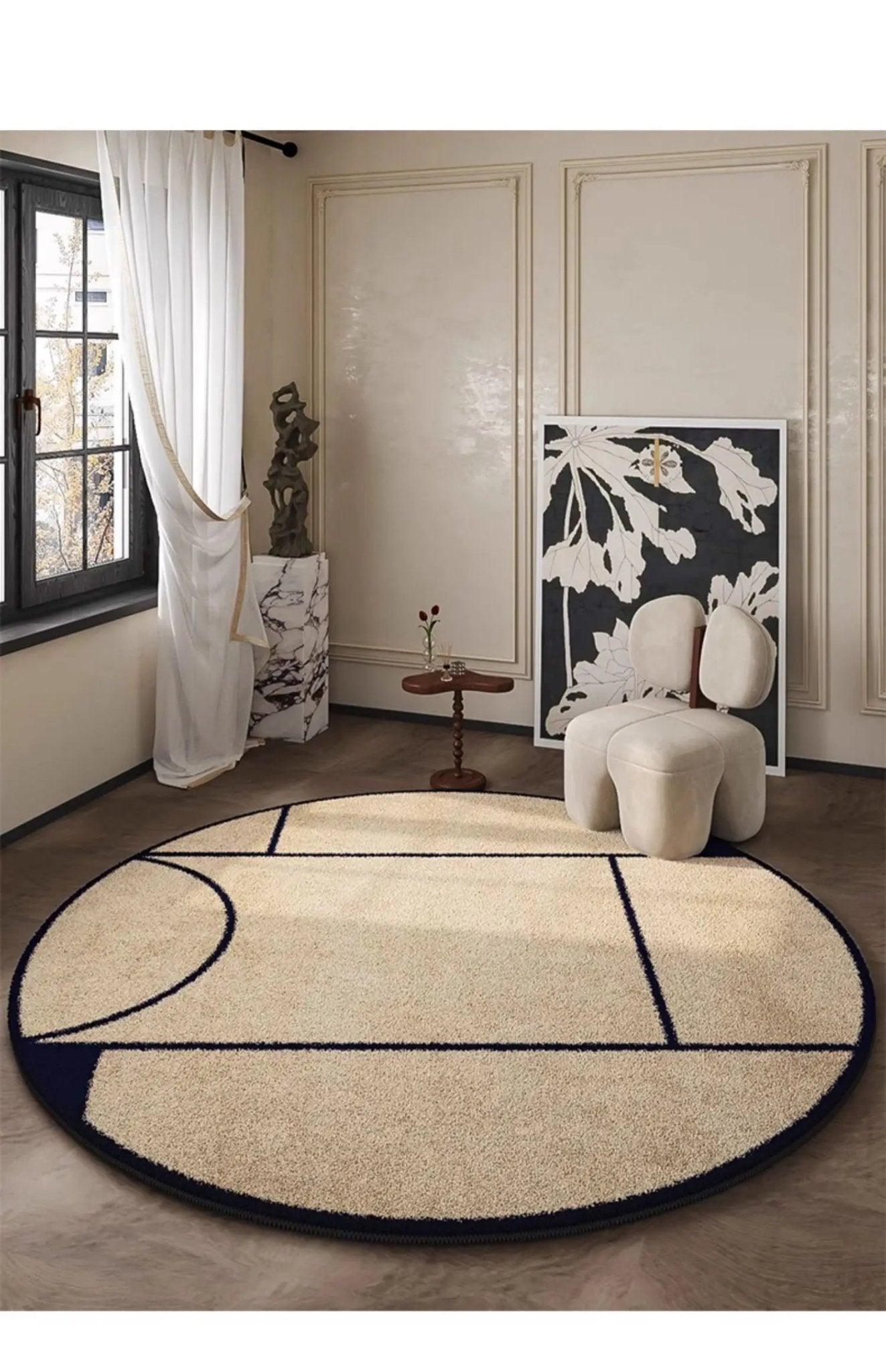 Luxuriöser runder Teppich im französischen Stil mit schwarzem Muster │ Moderne, großflächige Plüschteppiche für zu Hause