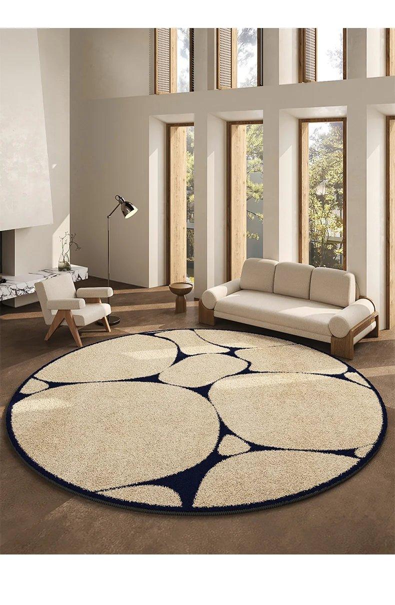 Luxuriöser runder Teppich im französischen Stil mit schwarzem Muster │ Moderne, großflächige Plüschteppiche für zu Hause