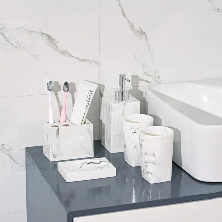 Garduru Marmor Badezimmer-Set 5-teilig | Edles Design | Luxuriöse Badaccessoires für Zuhause