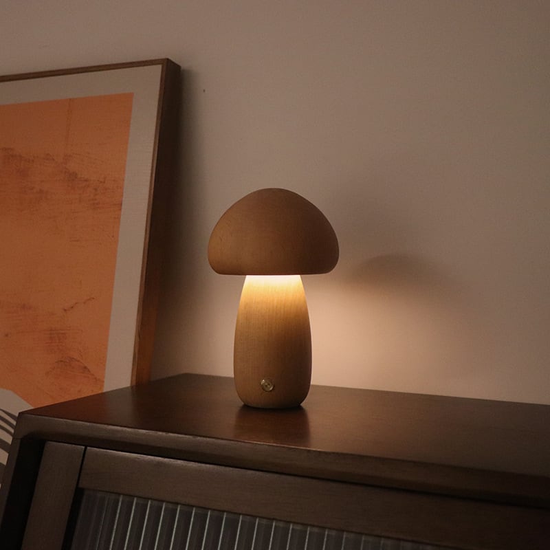 Massive Holz Pilz Tischlampe - USB wiederaufladbare LED kabellose Tischlampe