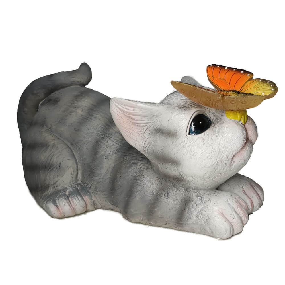 Solar Katze Gartenfigur mit Schmetterling