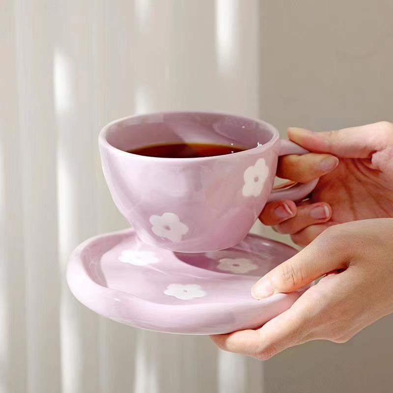 Hand Bemalt Garduru Handbemalte Lila Blumen Keramik Becher Und Untertasse
