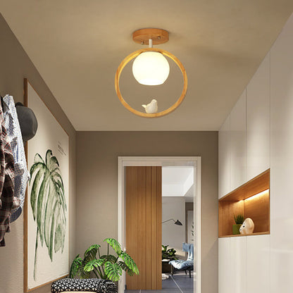 Garduru Minimalistische Japanische LED Deckenleuchte | Holzdesign | Runde Semi-Flush Beleuchtung | Elegantes Wohnambiente