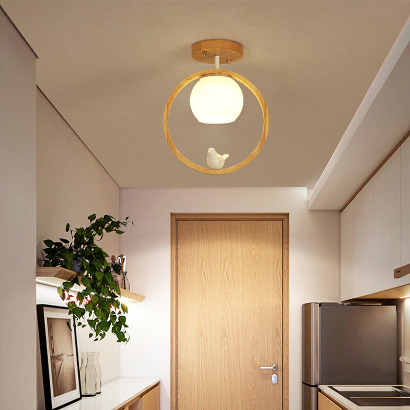 Garduru Minimalistische Japanische LED Deckenleuchte | Holzdesign | Runde Semi-Flush Beleuchtung | Elegantes Wohnambiente