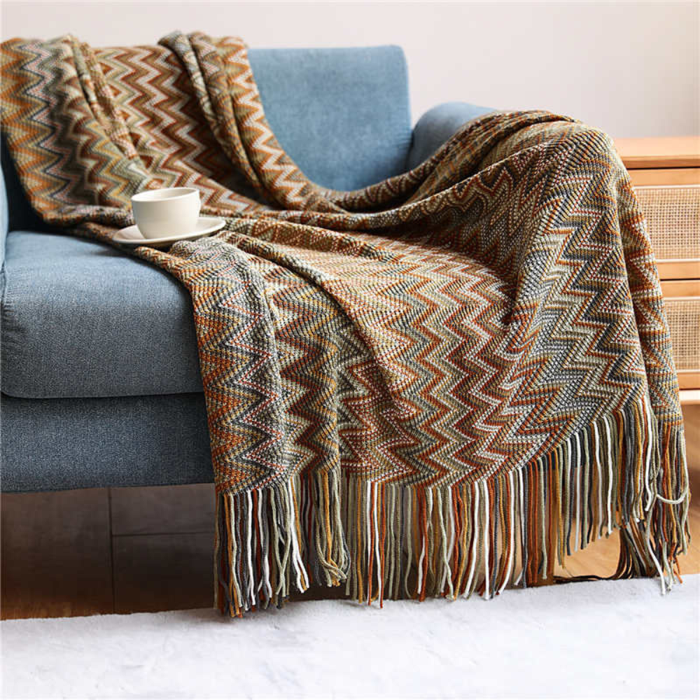 Multicolor Zickzack Quasten Strickdecke