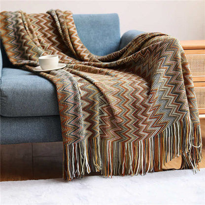 Multicolor Zickzack Quasten Strickdecke
