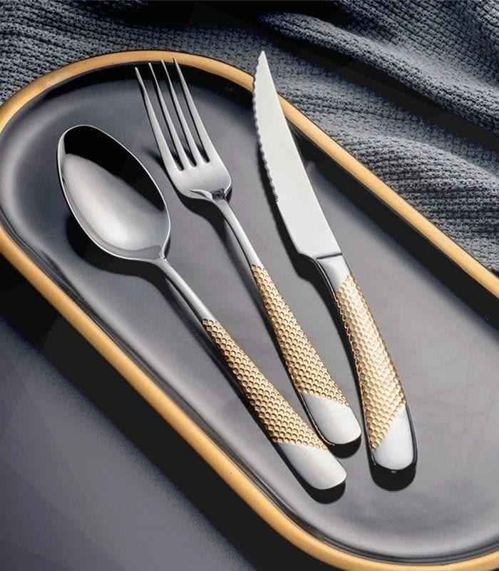 24 Pc Premium Besteckset Edelstahl Spiegelfinish Silber Gold