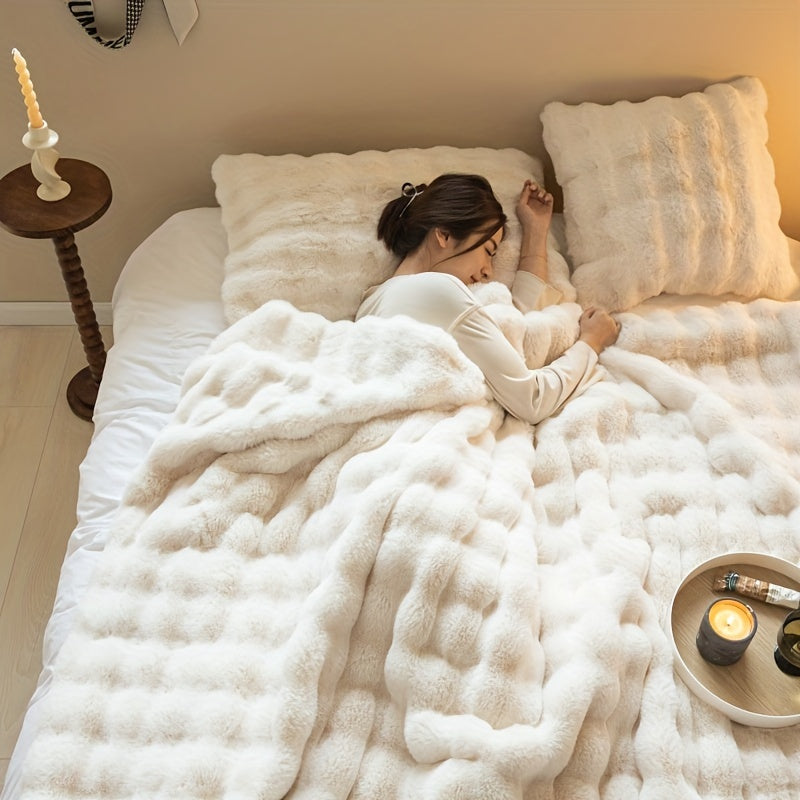 1 Stück Faux Kaninchenfell Bubbelfleece Decke - Luxuriöse weiche Sofa Decke, dicke warme Fleece Decke für Nickerchen und Klimaanlage