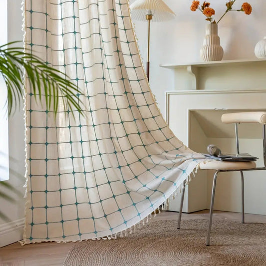 Türkise Gitter Boho Quasten Vorhang