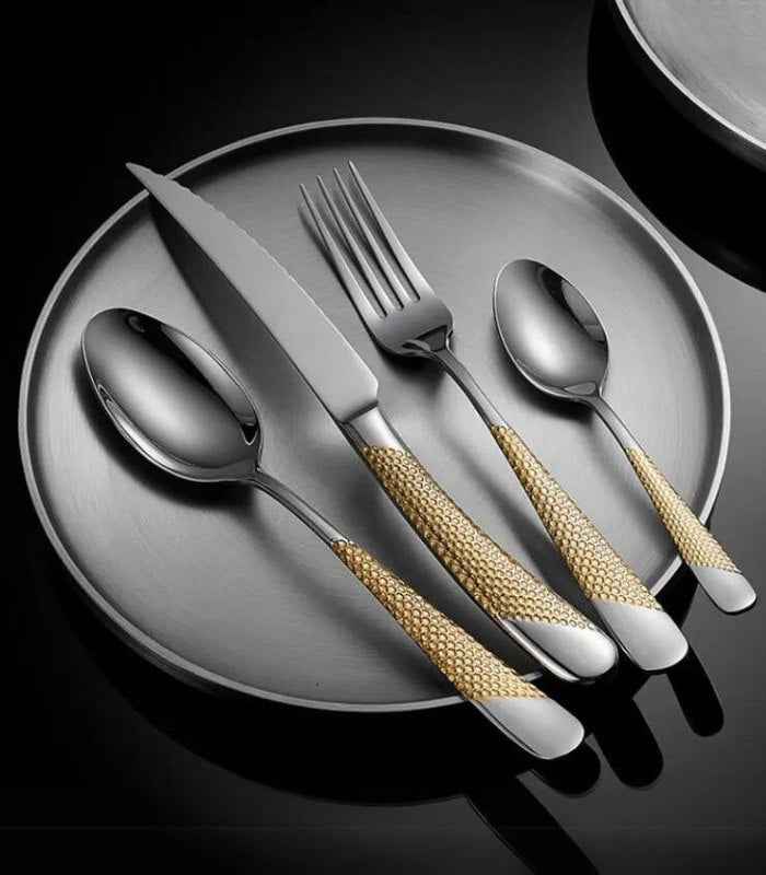 24 Pc Premium Besteckset Edelstahl Spiegelfinish Silber Gold