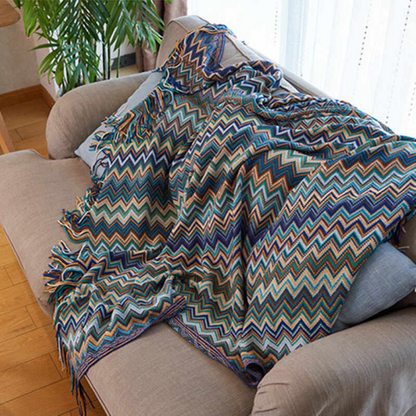 Multicolor Zickzack Quasten Strickdecke