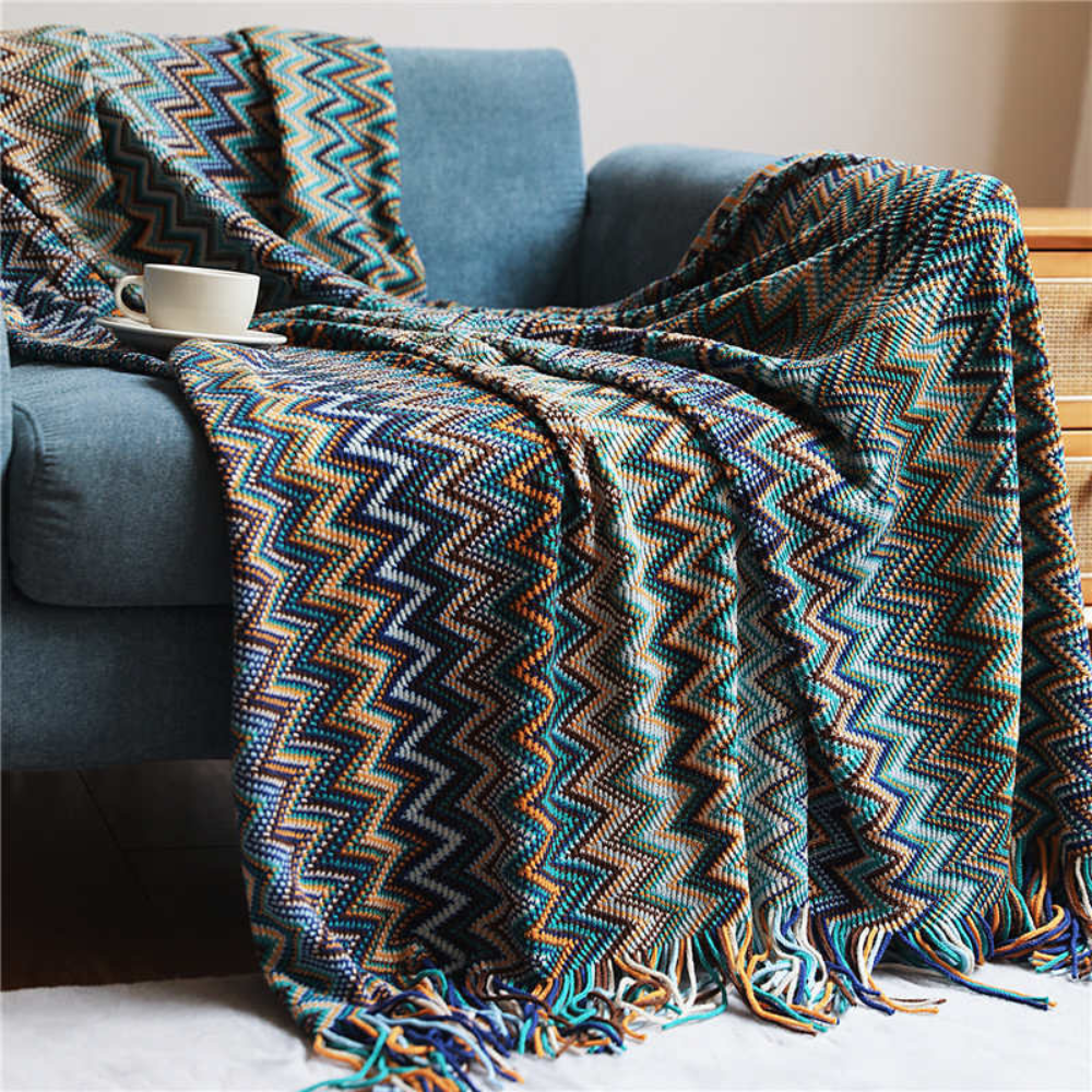 Multicolor Zickzack Quasten Strickdecke