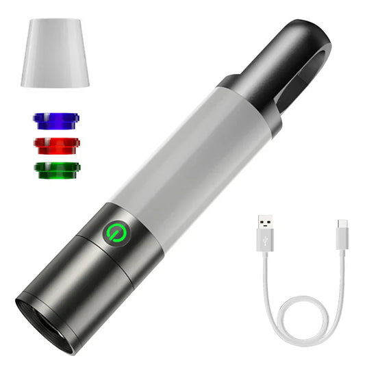LED-Taschenlampe mit Mehrfarbfiltern – Wiederaufladbare USB-C Lampe mit Camping- & Notlicht-Funktion