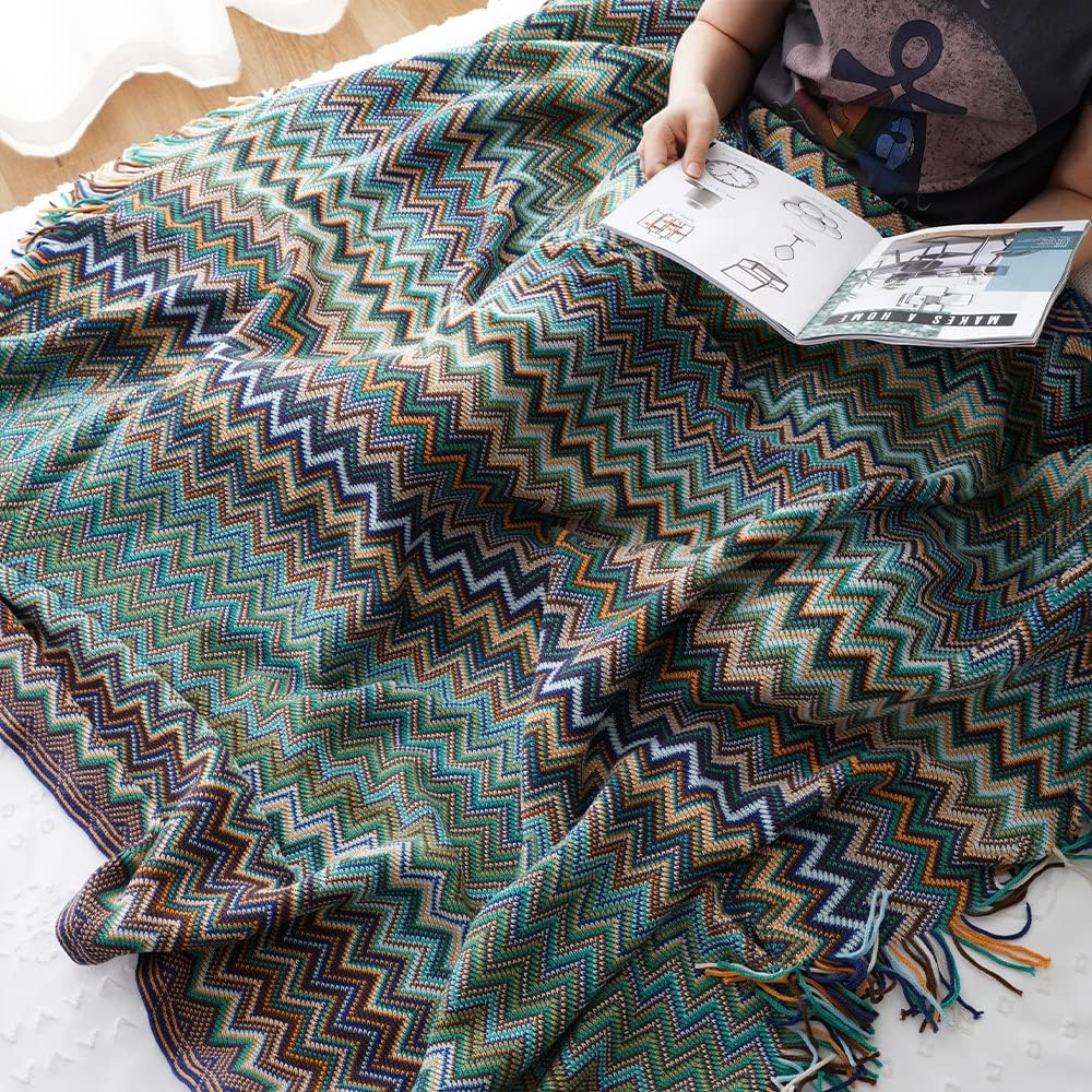 Multicolor Zickzack Quasten Strickdecke