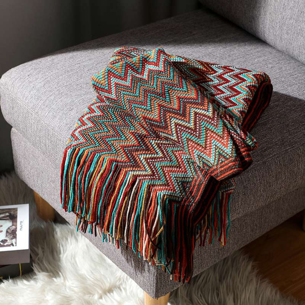 Multicolor Zickzack Quasten Strickdecke