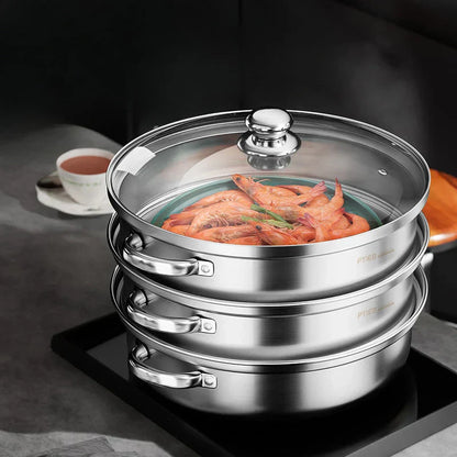 Premium 3-stufiger Edelstahl-Dampfgarer mit Glasdeckel und langlebigen Griffen – Ideal zum Dampfen und Kochen