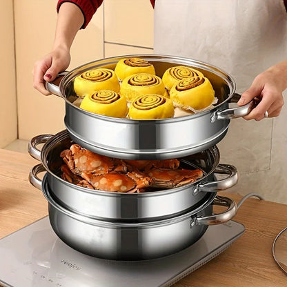 Premium 3-stufiger Edelstahl-Dampfgarer mit Glasdeckel und langlebigen Griffen – Ideal zum Dampfen und Kochen