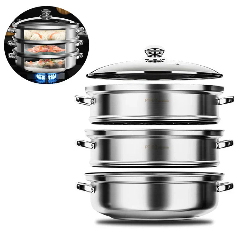 Premium 3-stufiger Edelstahl-Dampfgarer mit Glasdeckel und langlebigen Griffen – Ideal zum Dampfen und Kochen