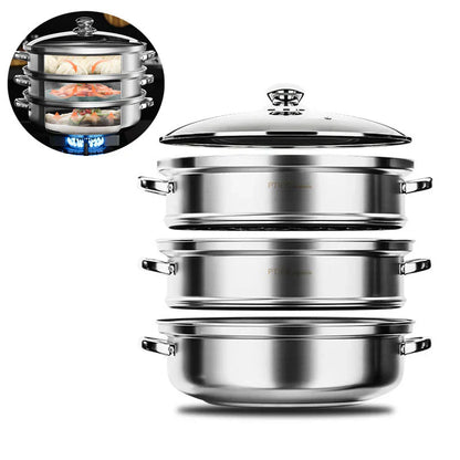 Premium 3-stufiger Edelstahl-Dampfgarer mit Glasdeckel und langlebigen Griffen – Ideal zum Dampfen und Kochen