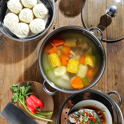 Premium 3-stufiger Edelstahl-Dampfgarer mit Glasdeckel und langlebigen Griffen – Ideal zum Dampfen und Kochen