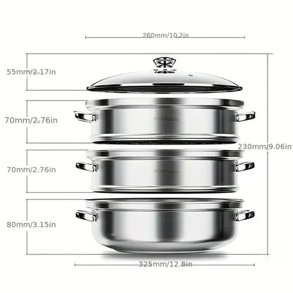 Premium 3-stufiger Edelstahl-Dampfgarer mit Glasdeckel und langlebigen Griffen – Ideal zum Dampfen und Kochen