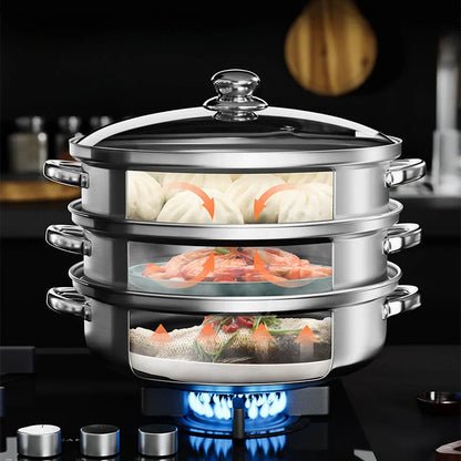 Premium 3-stufiger Edelstahl-Dampfgarer mit Glasdeckel und langlebigen Griffen – Ideal zum Dampfen und Kochen