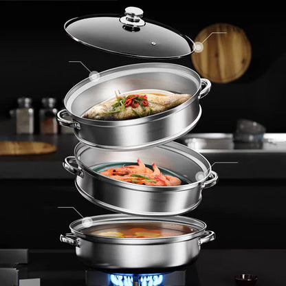 Premium 3-stufiger Edelstahl-Dampfgarer mit Glasdeckel und langlebigen Griffen – Ideal zum Dampfen und Kochen