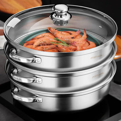 Premium 3-stufiger Edelstahl-Dampfgarer mit Glasdeckel und langlebigen Griffen – Ideal zum Dampfen und Kochen