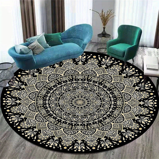 Schwarzer Goldener Mandala Runder Teppich – rutschfest, waschbarer Teppich für Schlafzimmer, Wohnzimmer, Büro, maschinenwaschbarer Teppich