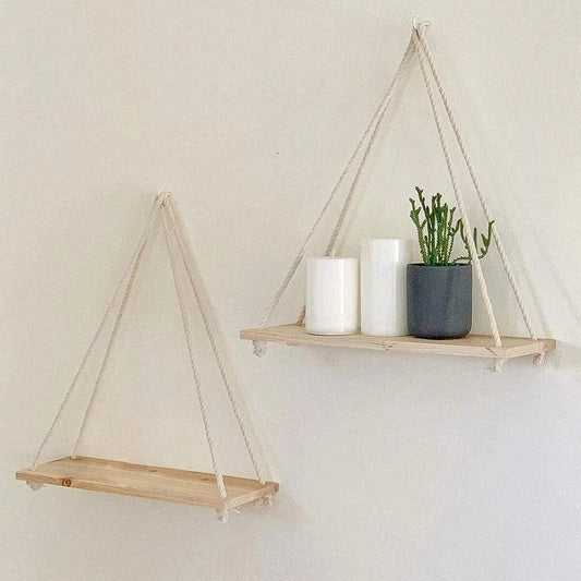 DecoShelf - Holz Schwimmendes Regal mit Verstellbarem Hanfseil - Für Pflanzen und Dekoration