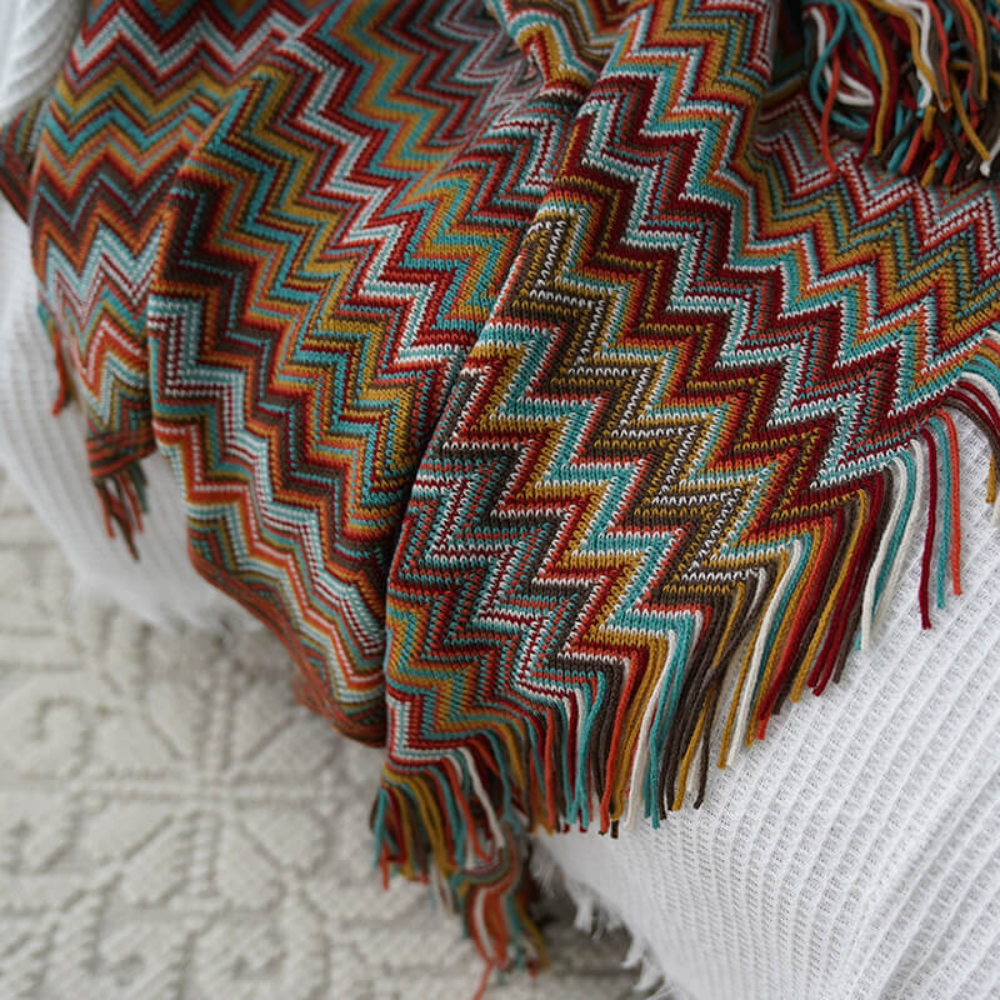 Multicolor Zickzack Quasten Strickdecke