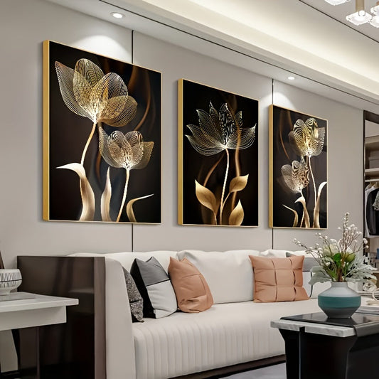 3-teiliges Luxe Canvas Poster - Goldene Blumen Kunstwerke, Wanddekoration für Wohnzimmer, Schlafzimmer, Büro, Flur und Küche, Ohne Rahmen