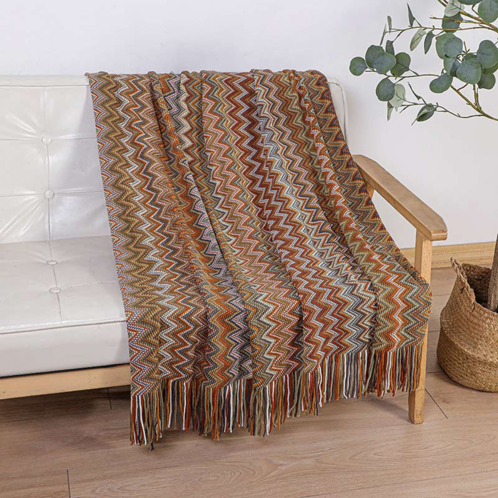Multicolor Zickzack Quasten Strickdecke