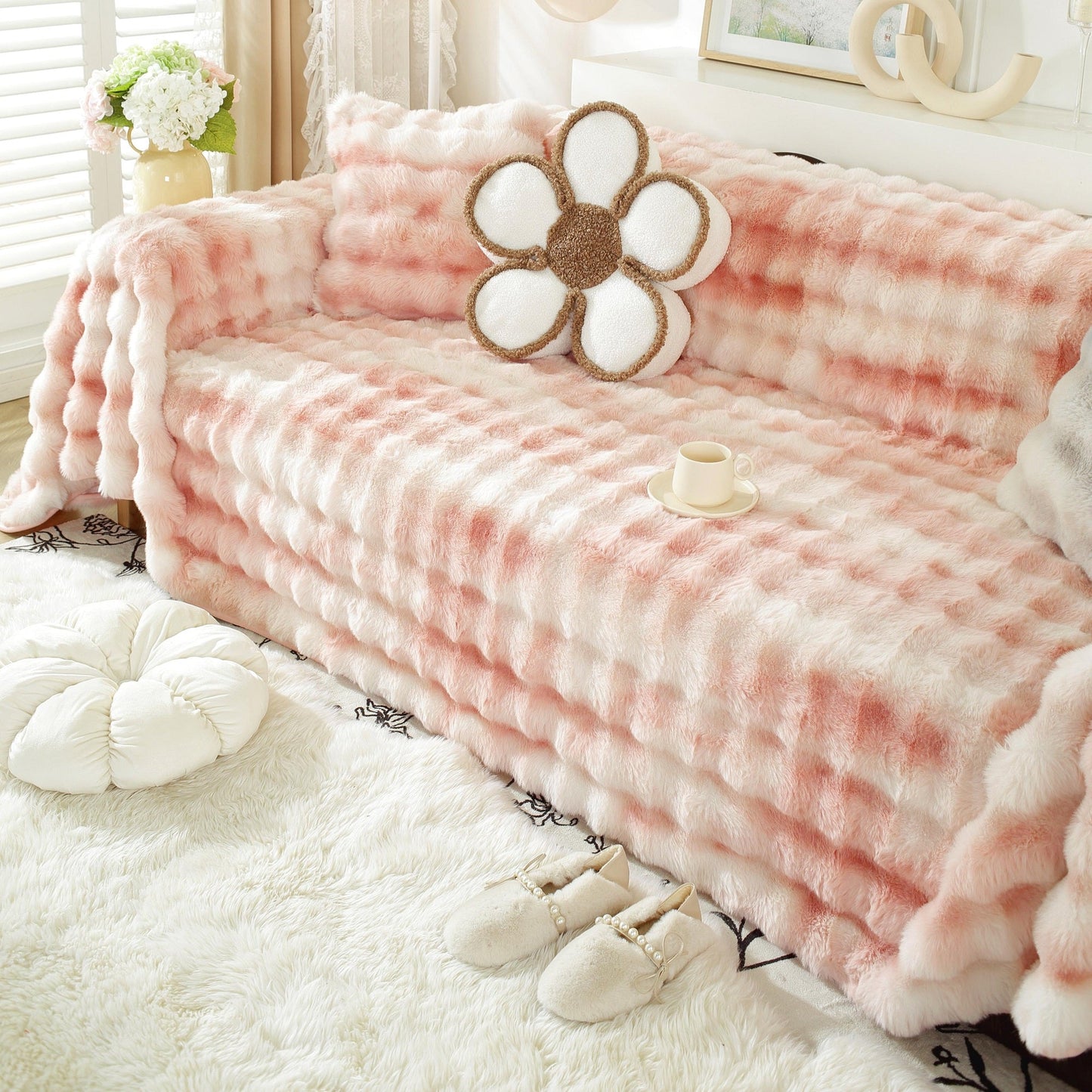 Premium Gradient Faux Rabbit Fur Sofa Werf Couch Cover