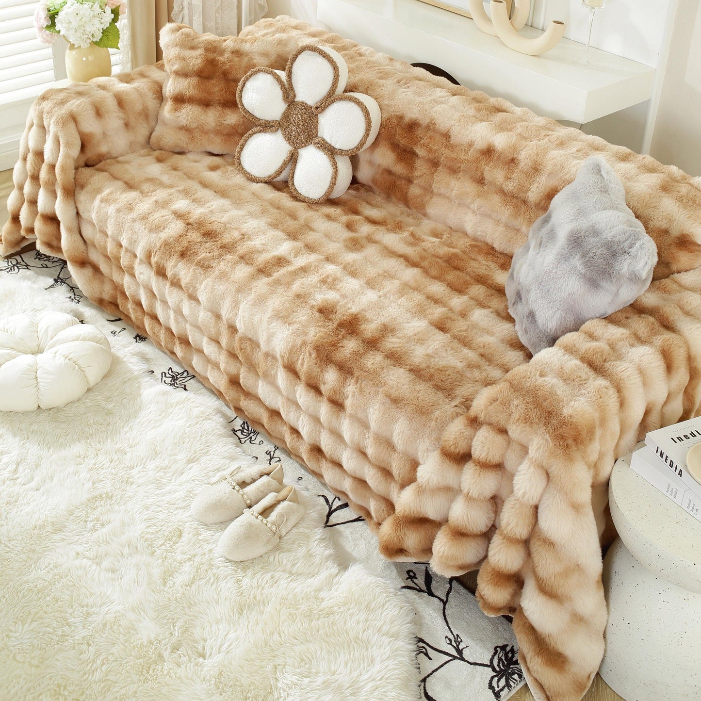 Premium Gradient Faux Rabbit Fur Sofa Werf Couch Cover