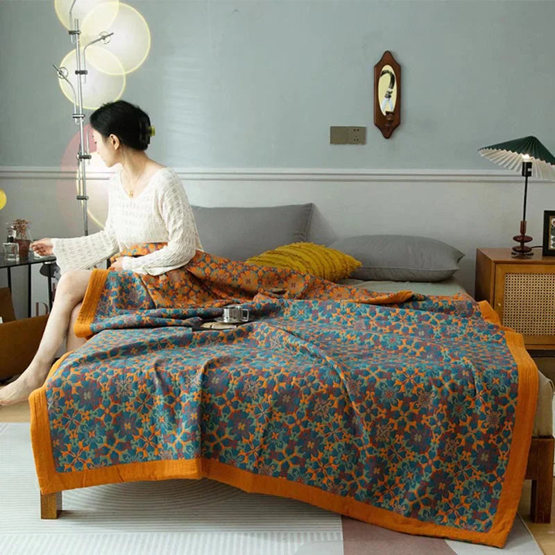 Sechslagige Baumwolldecke mit Orange-Blauem Muster