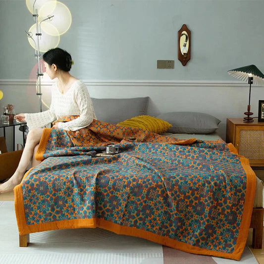 Sechslagige Baumwolldecke mit Orange-Blauem Muster