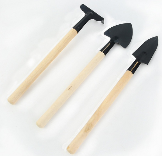 3-teiliges Gartenwerkzeug-Set mit Holzgriffen – Handliche Schaufel, Rechen und Hacke für die Gartenpflege