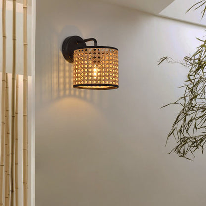 Garduru Rattan Wandlampe | Modernes Webdesign | Trommelform | Stimmungsvolle Beleuchtung für Zuhause