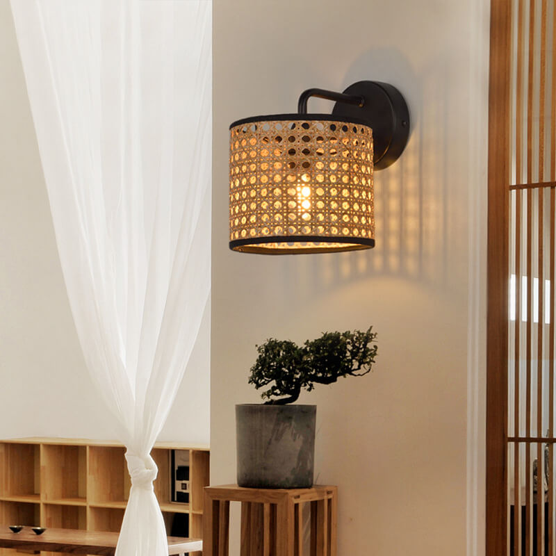 Garduru Rattan Wandlampe | Modernes Webdesign | Trommelform | Stimmungsvolle Beleuchtung für Zuhause