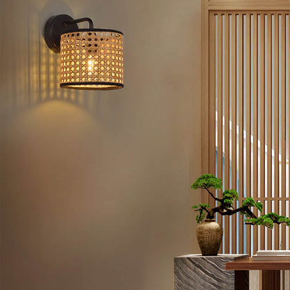 Garduru Rattan Wandlampe | Modernes Webdesign | Trommelform | Stimmungsvolle Beleuchtung für Zuhause