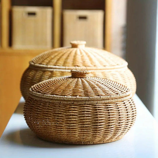 Dome-förmiger gestrickter Rattankorb mit Deckel