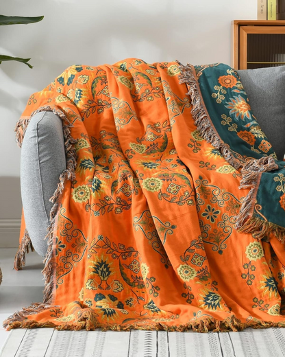 Soleil – Luxuriöse Baumwolldecke mit warmem Ringelblumenfarbton und Boho-Charme