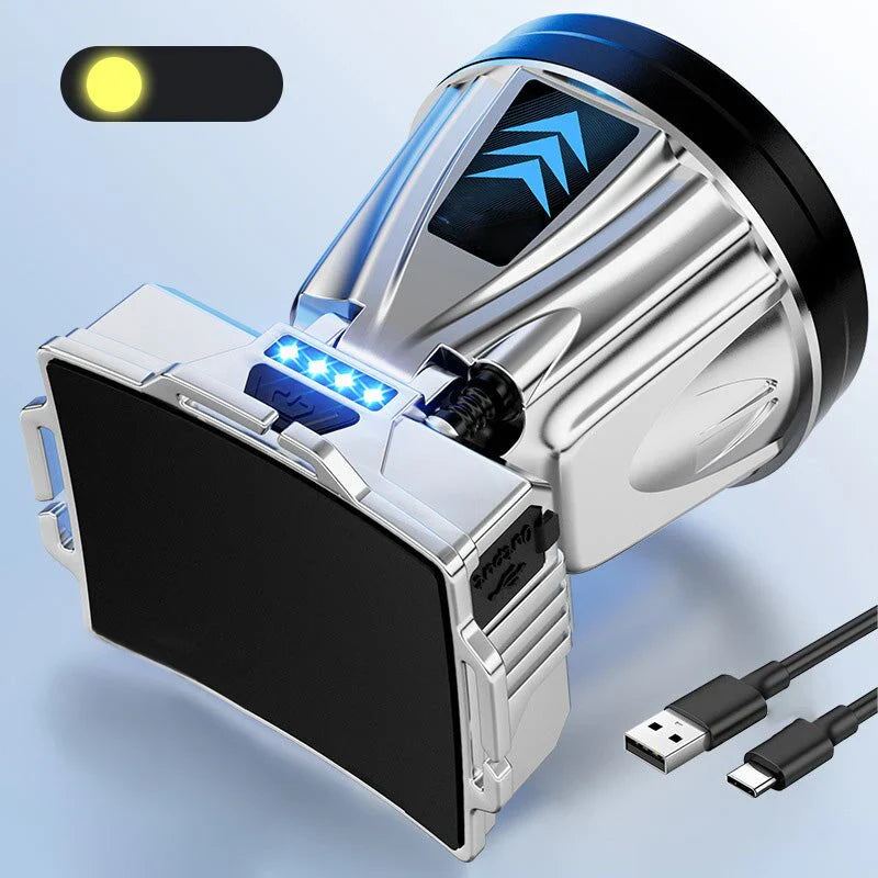 Breitstrahlende LED-Stirnlampe mit Powerbank-Funktion und USB-Ladeanschluss