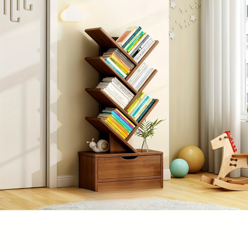 TreeShelf - Vertikale Holzregal mit schrägen Regalen für das Wohnzimmer, freistehendes Design